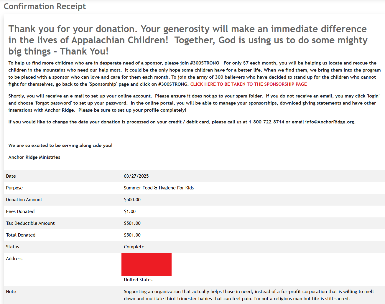 Donation receipt